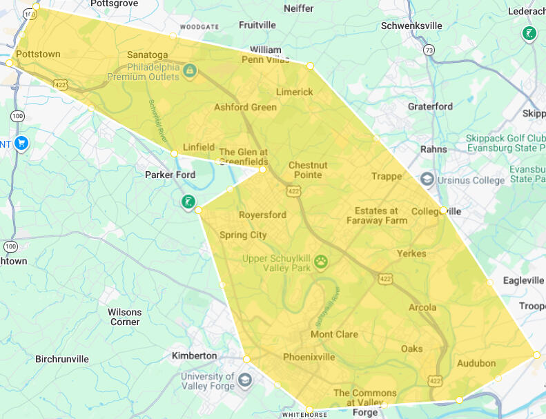 Service Area Precision Mobile Detailing service area map - Serving Phoenixville, Royersford, Collegeville, Oaks, and Pottstown PA.